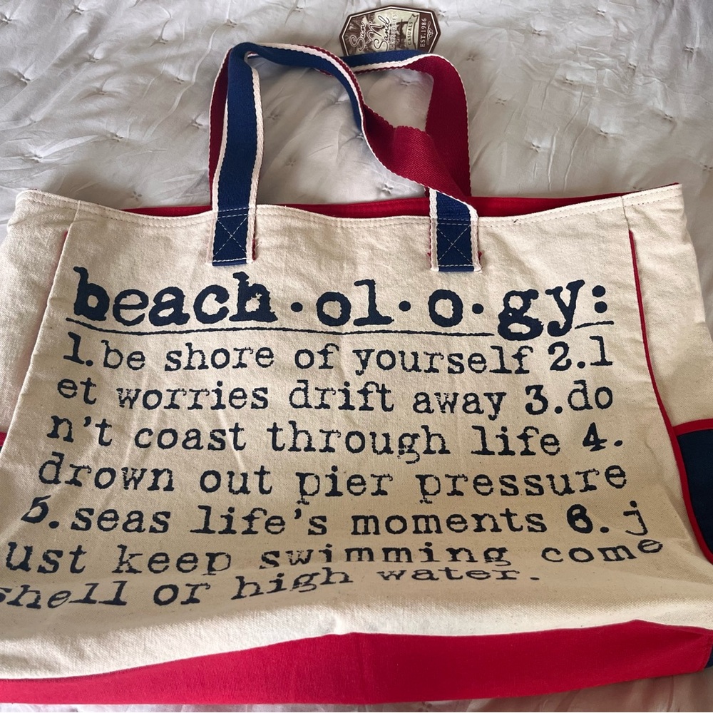 Canvas Beach Tote in Natural and Red with Navy Handles